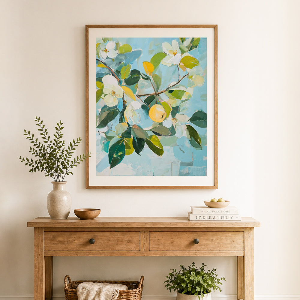 Finished spring branch painting cross stitch artwork displayed as home decor