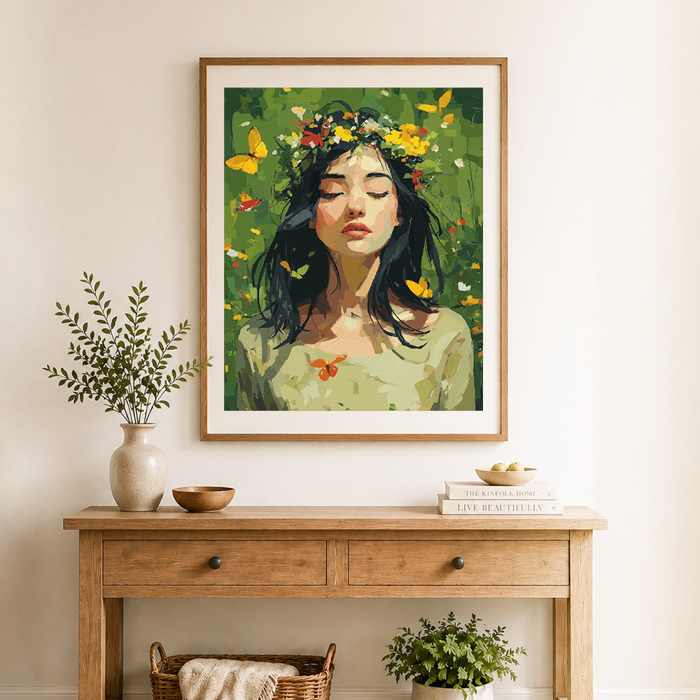 Finished spring butterfly beauty cross stitch artwork displayed as home decor