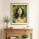 Finished spring butterfly beauty cross stitch artwork displayed as home decor