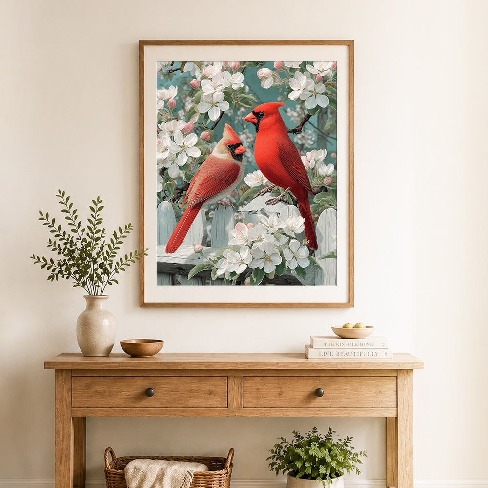 Finished spring cardinals on white picket fence cross stitch artwork displayed as home decor