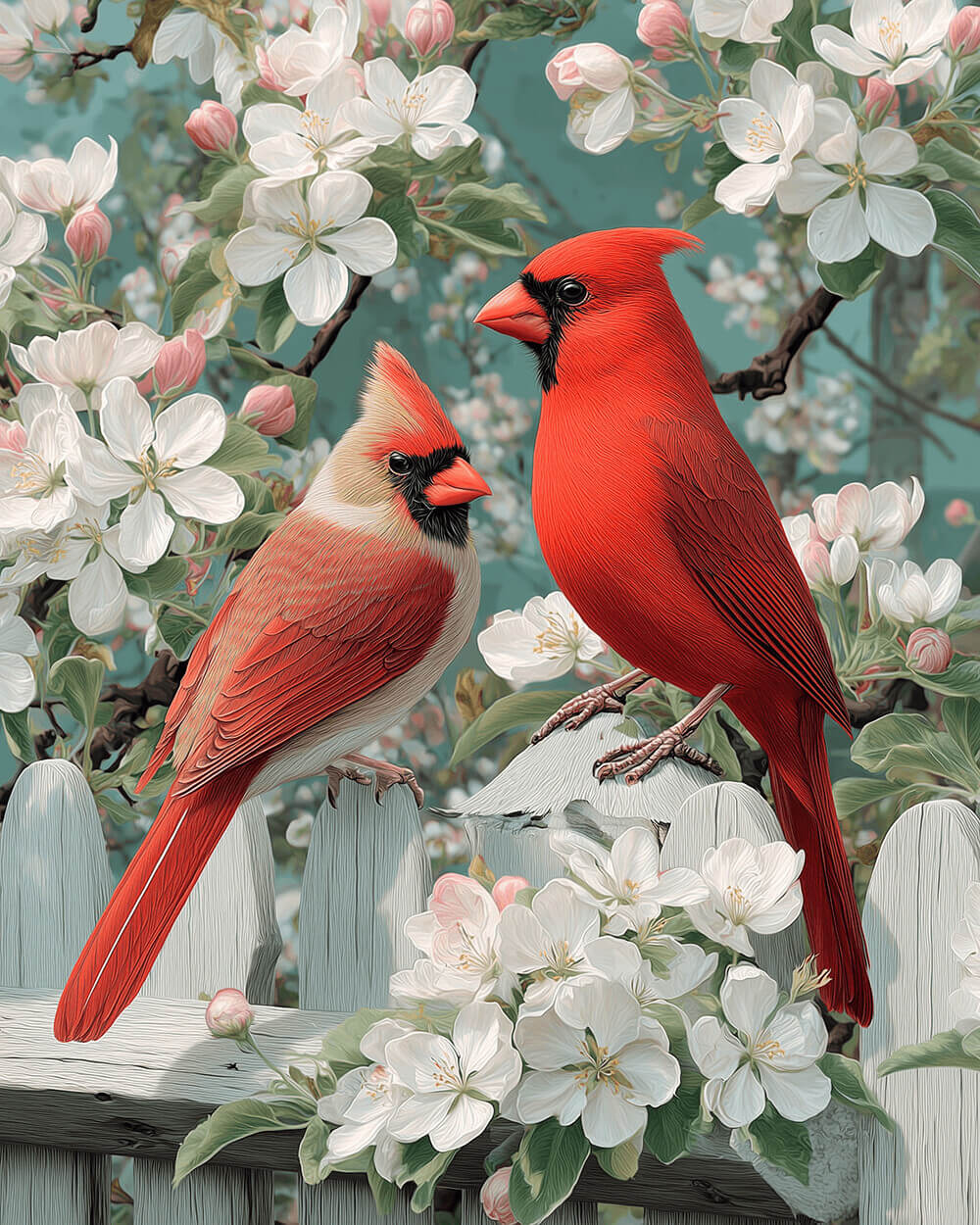 Spring cardinals on white picket fence cross stitch kit for beginners