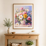 Finished spring floral arrangement cross stitch artwork displayed as home decor