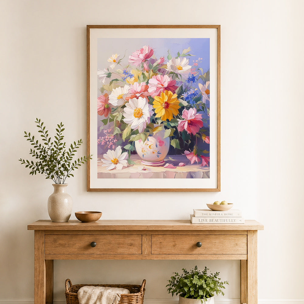 Finished spring floral arrangement cross stitch artwork displayed as home decor