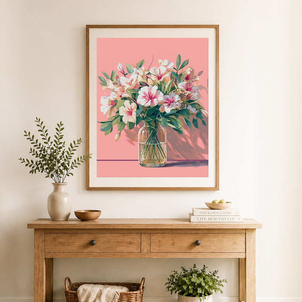 Finished spring floral bouquet cross stitch artwork displayed as home decor