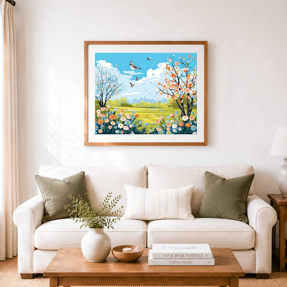 Finished spring meadow and wild birds cross stitch artwork displayed as home decor
