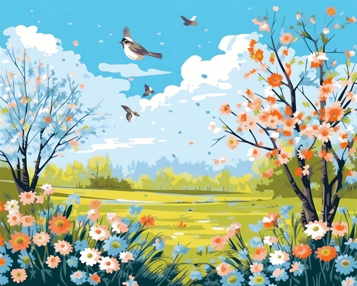 Spring meadow and wild birds cross stitch kit for beginners