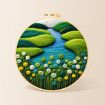 Spring river and green flowers needle felting kit for beginners with a round wooden frame