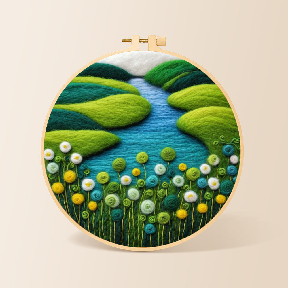 Spring river and green flowers needle felting kit for beginners with a round wooden frame