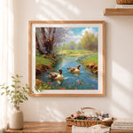 Finished springtime river ducks cross stitch artwork displayed as home decor