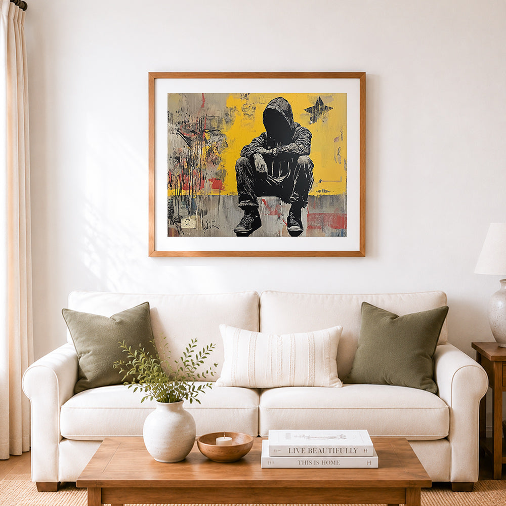 Finished squatted youth against yellow wall cross stitch artwork displayed as home decor