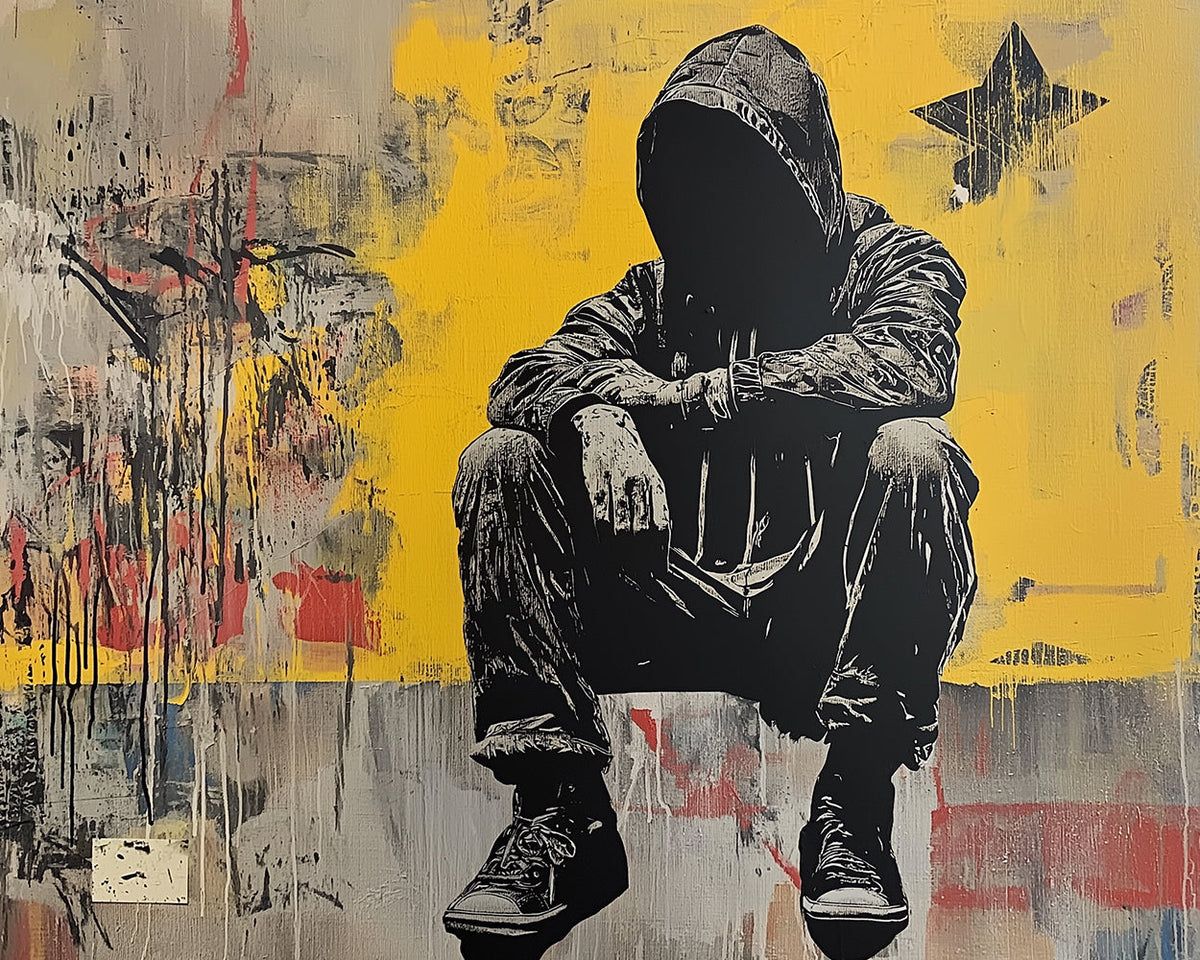 Squatted youth against yellow wall cross stitch kit for beginners