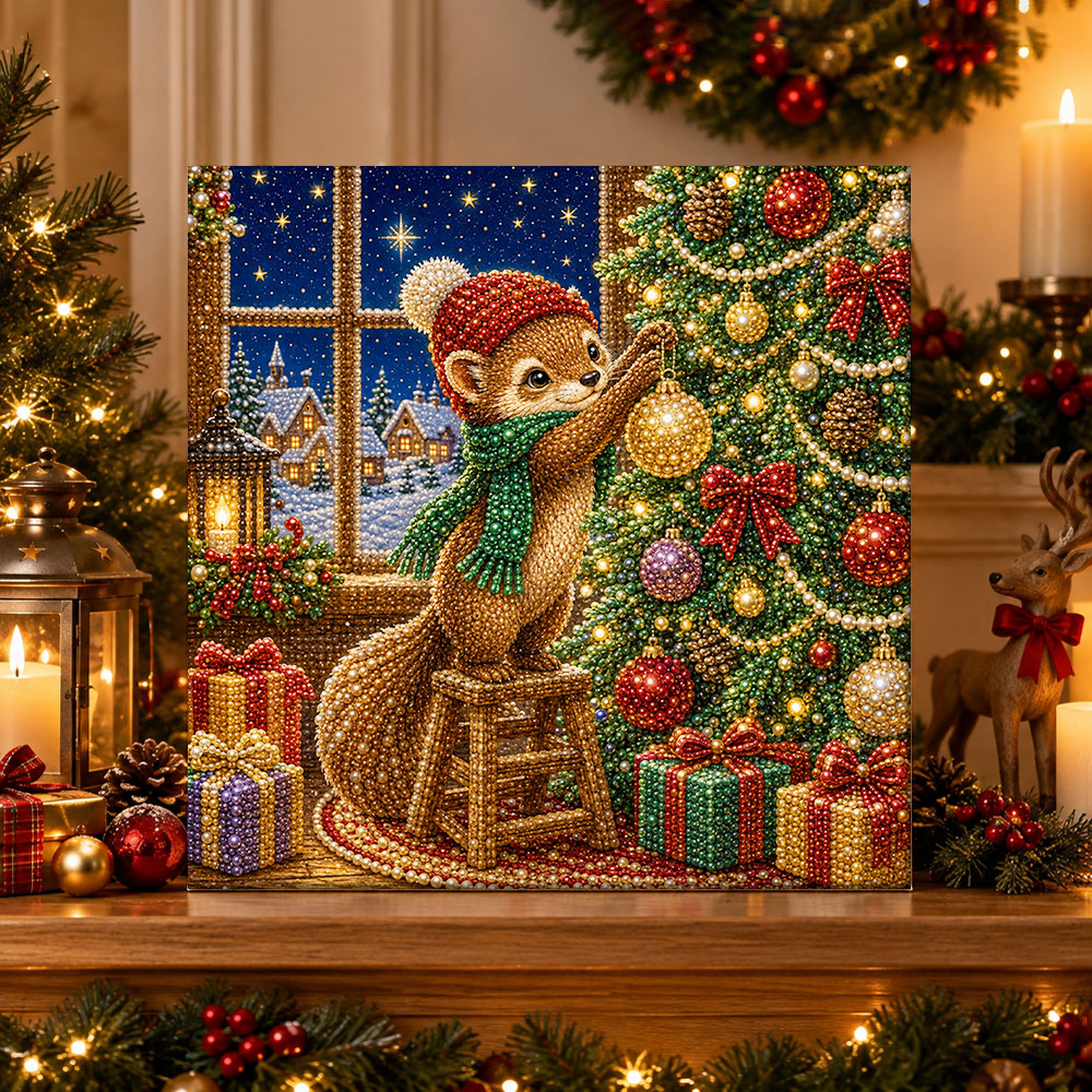 Finished squirrel decorating christmas tree pearl diamond painting artwork displayed as holiday home decor