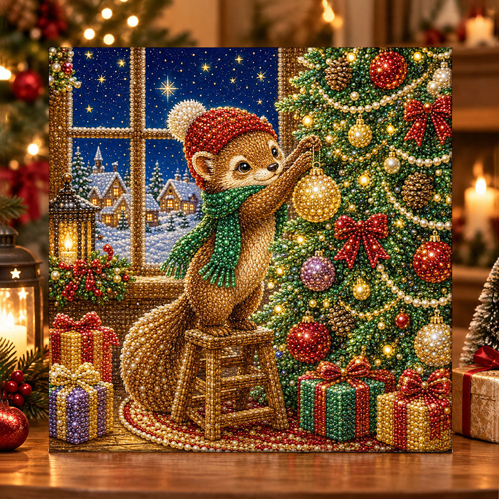 Squirrel decorating christmas tree pearl diamond painting kit for beginners
