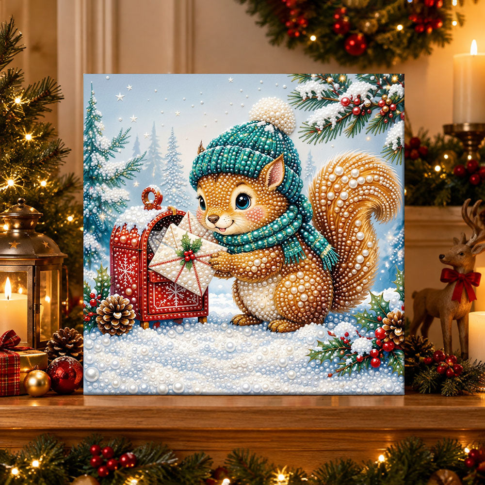 Finished squirrel receiving christmas mail pearl diamond painting artwork displayed as holiday home decor
