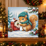 Finished squirrel receiving christmas mail pearl diamond painting artwork displayed as holiday home decor