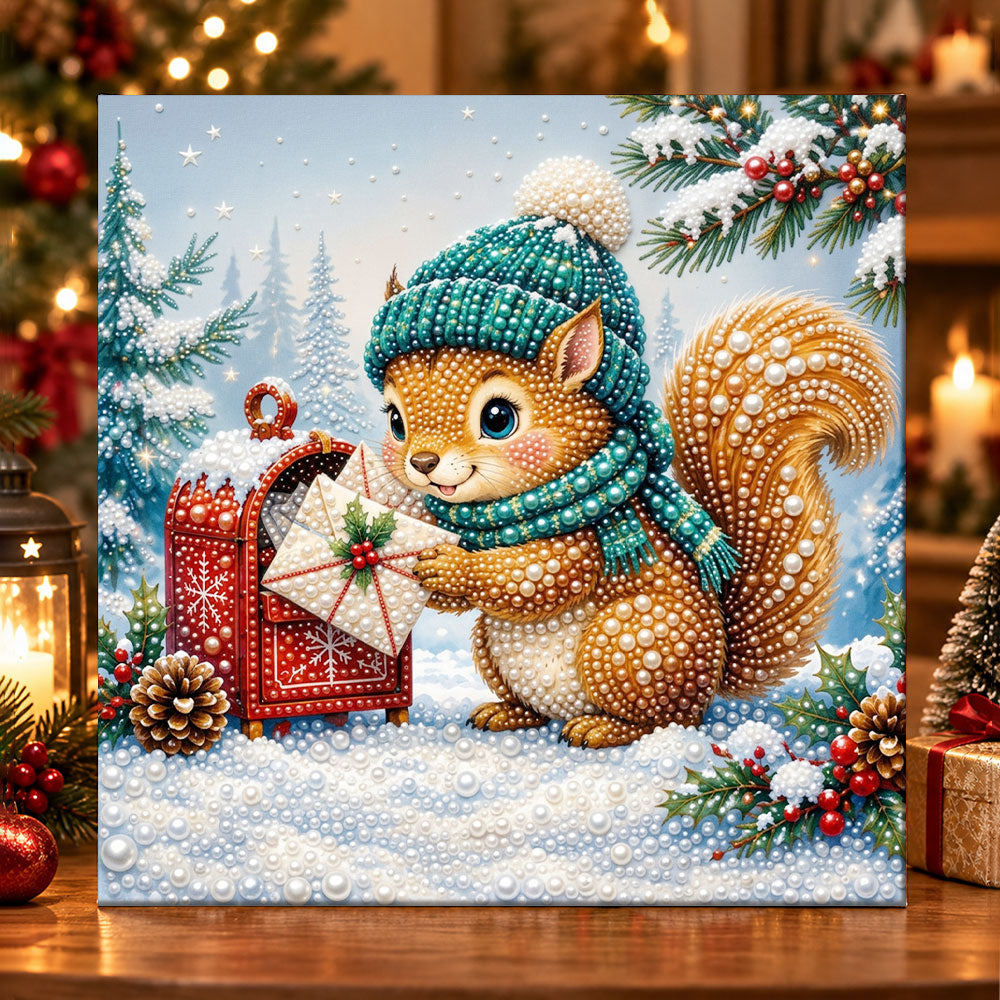 Squirrel receiving christmas mail pearl diamond painting kit for beginners