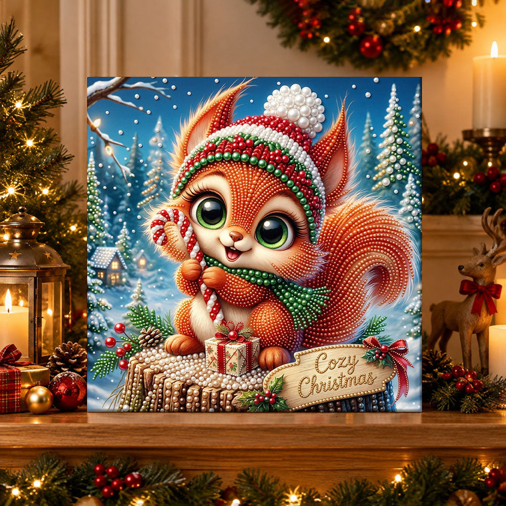 Finished squirrel with candy cane pearl diamond painting artwork displayed as holiday home decor
