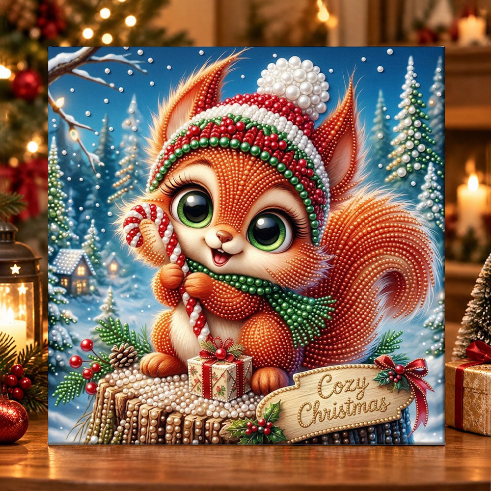 Squirrel with candy cane pearl diamond painting kit for beginners