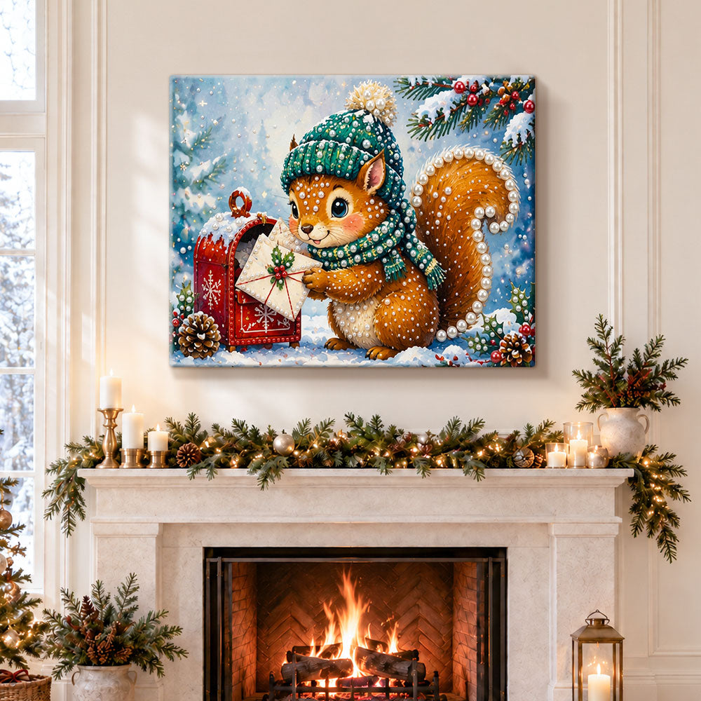 Finished squirrel with christmas mail pearl diamond painting artwork displayed as holiday home decor
