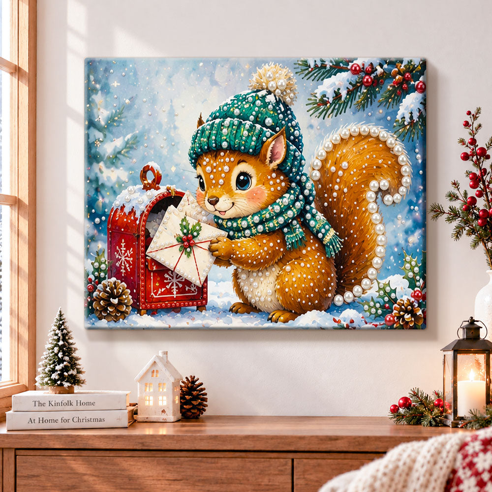 Squirrel with christmas mail pearl diamond painting kit for beginners