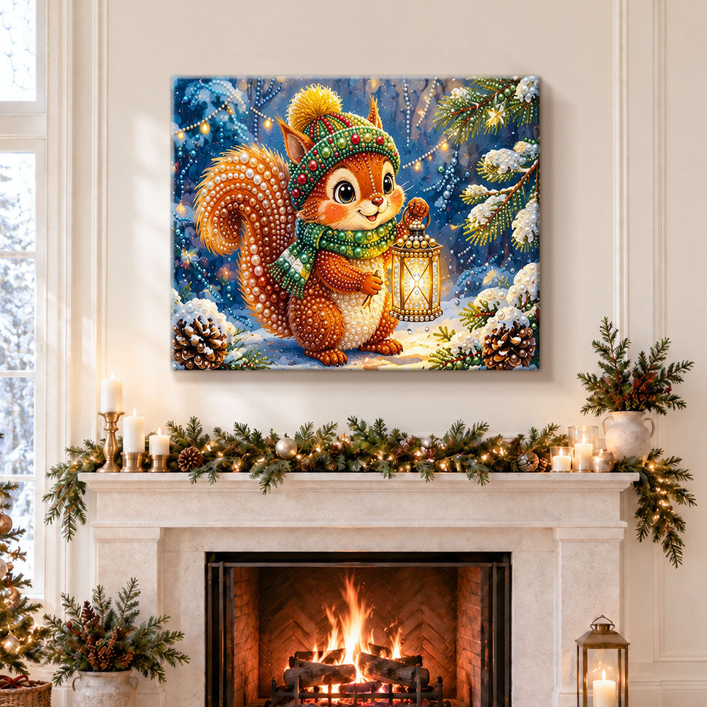 Finished squirrel with glowing lantern pearl diamond painting artwork displayed as holiday home decor
