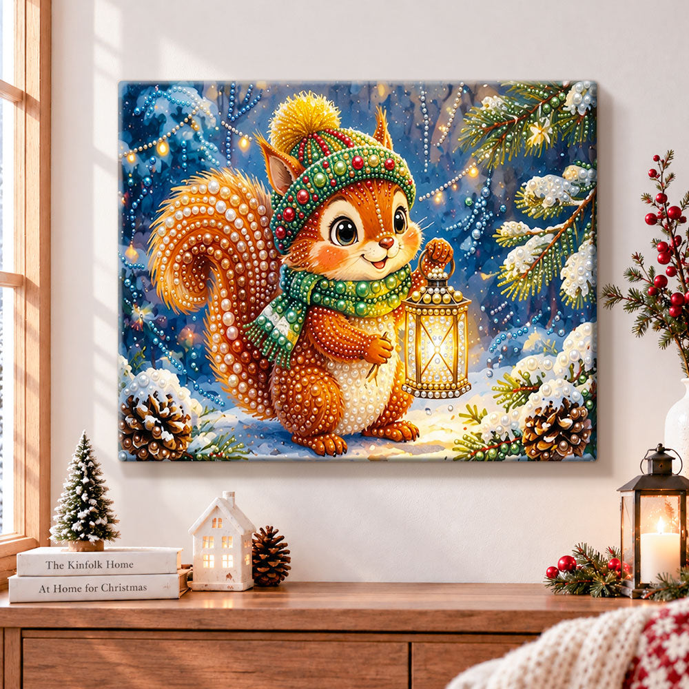 Squirrel with glowing lantern pearl diamond painting kit for beginners