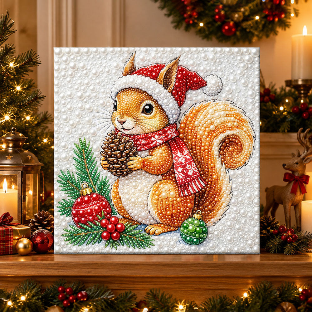 Finished squirrel with pine cone pearl diamond painting artwork displayed as holiday home decor