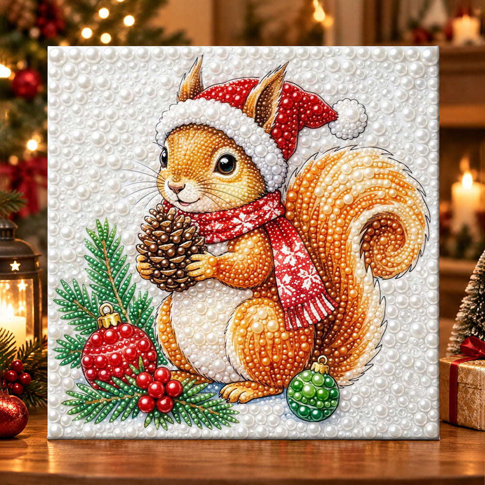 Squirrel with pine cone pearl diamond painting kit for beginners