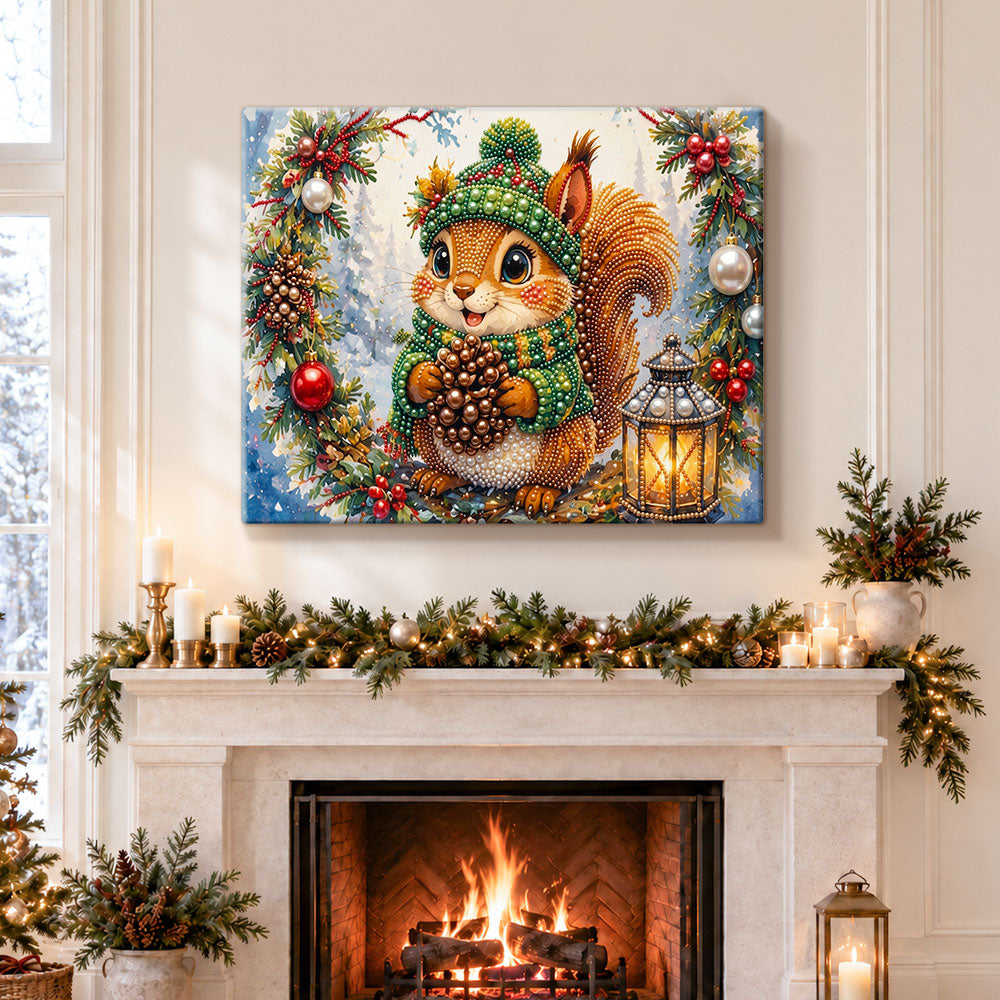 Finished squirrel with pinecones pearl diamond painting artwork displayed as holiday home decor