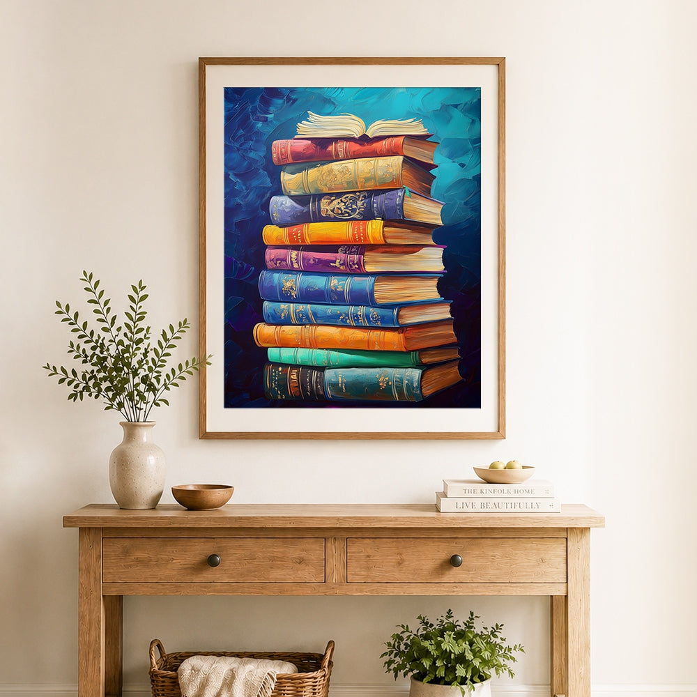 Finished stack of vintage leather books cross stitch artwork displayed as home decor