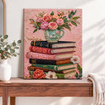 Finished stacked books with floral mug pearl diamond painting artwork displayed as home decor