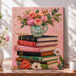 Stacked books with floral mug pearl diamond painting kit for beginners