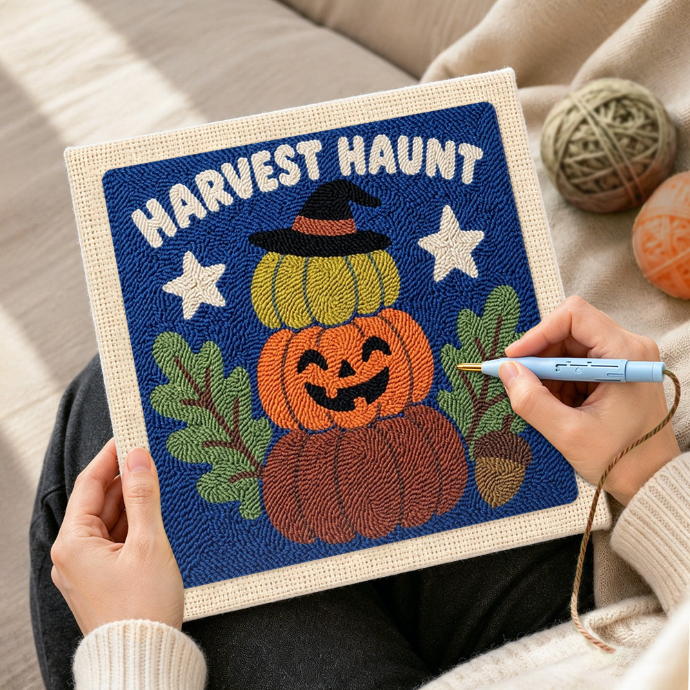 Creating handmade stacked harvest pumpkins punch needle artwork