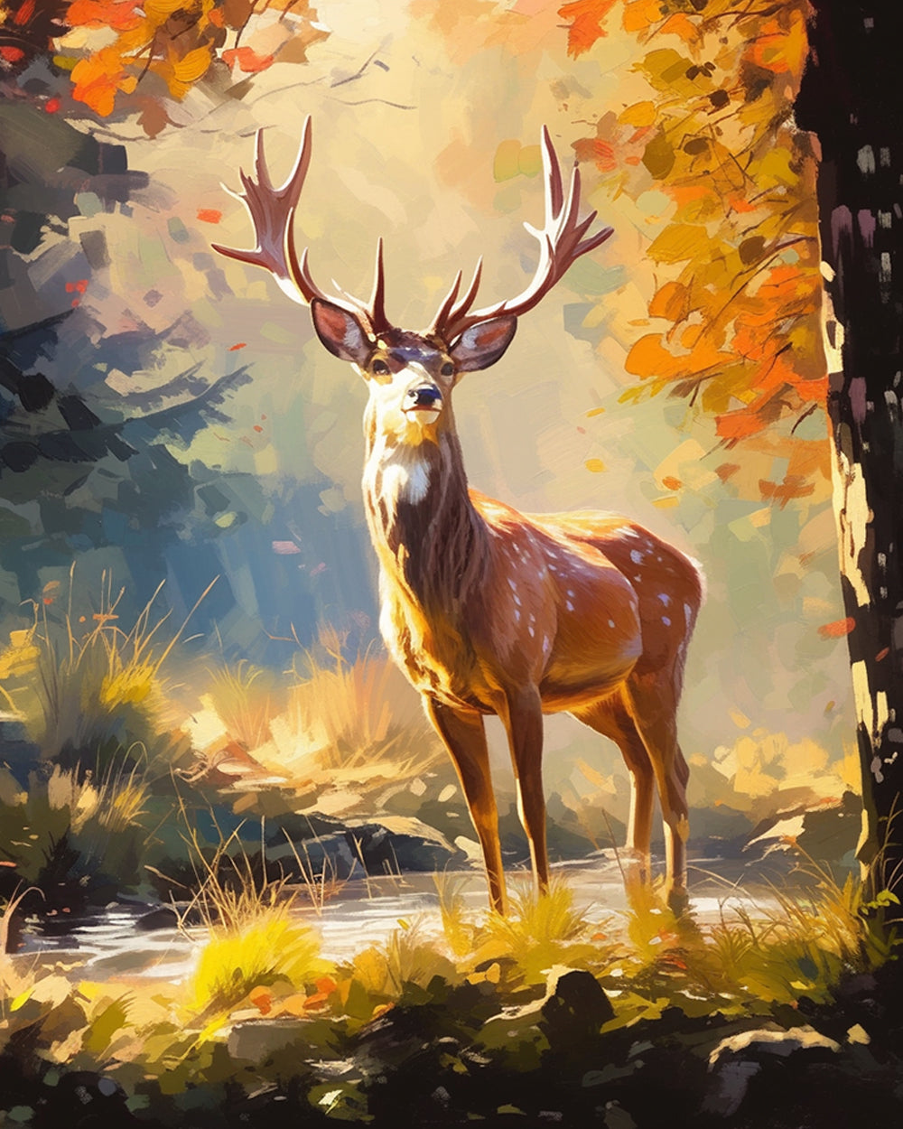 Stag in autumn forest light cross stitch kit for beginners