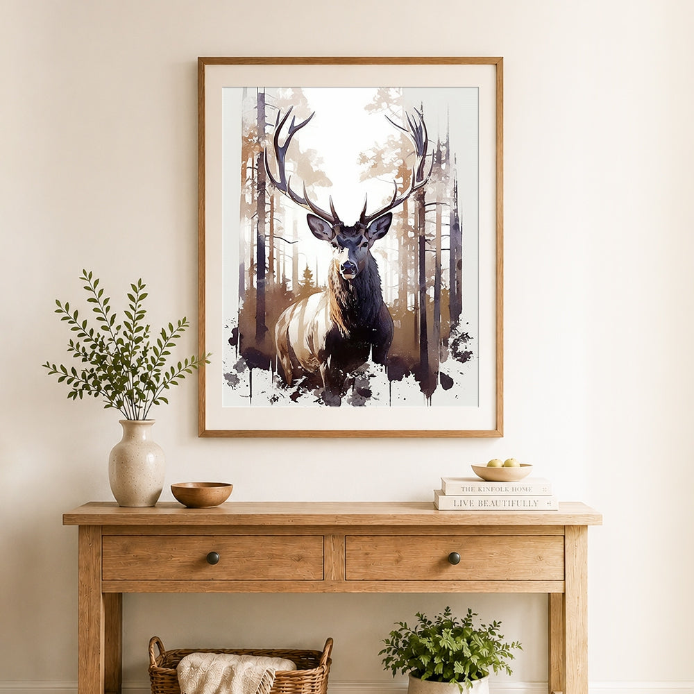 Finished stag in forest paint by numbers artwork displayed as home decor