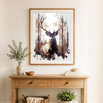 Finished stag in forest paint by numbers artwork displayed as home decor