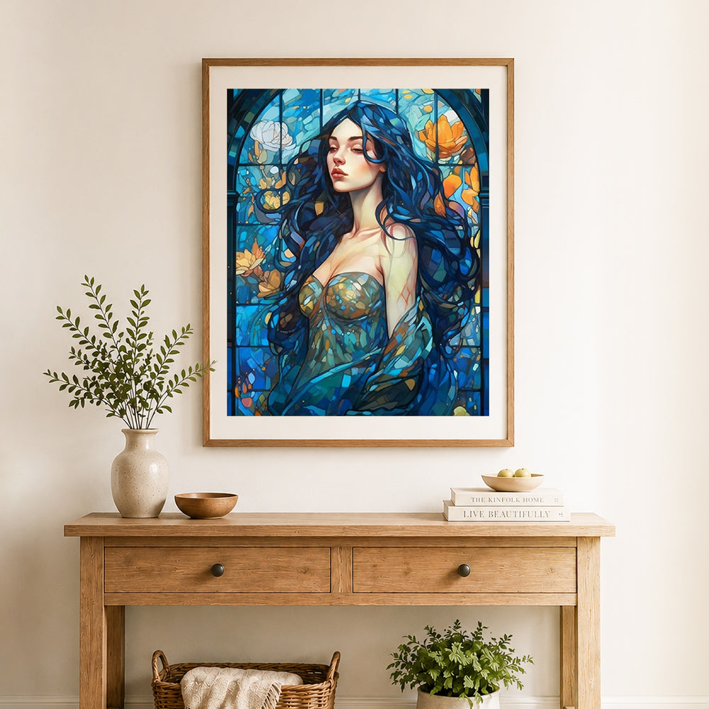 Finished stained glass blue haired lady cross stitch artwork displayed as home decor