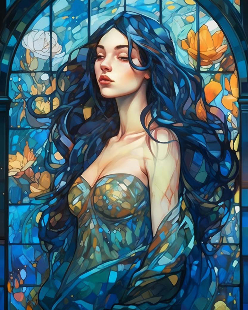 Stained glass blue haired lady cross stitch kit for beginners