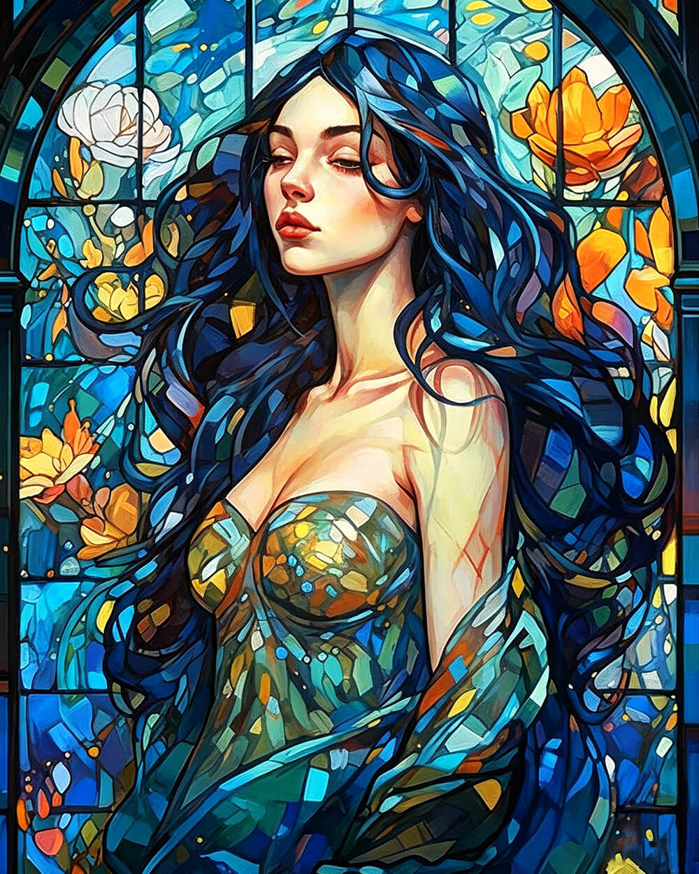 Stained glass blue haired lady paint by numbers kit for beginners