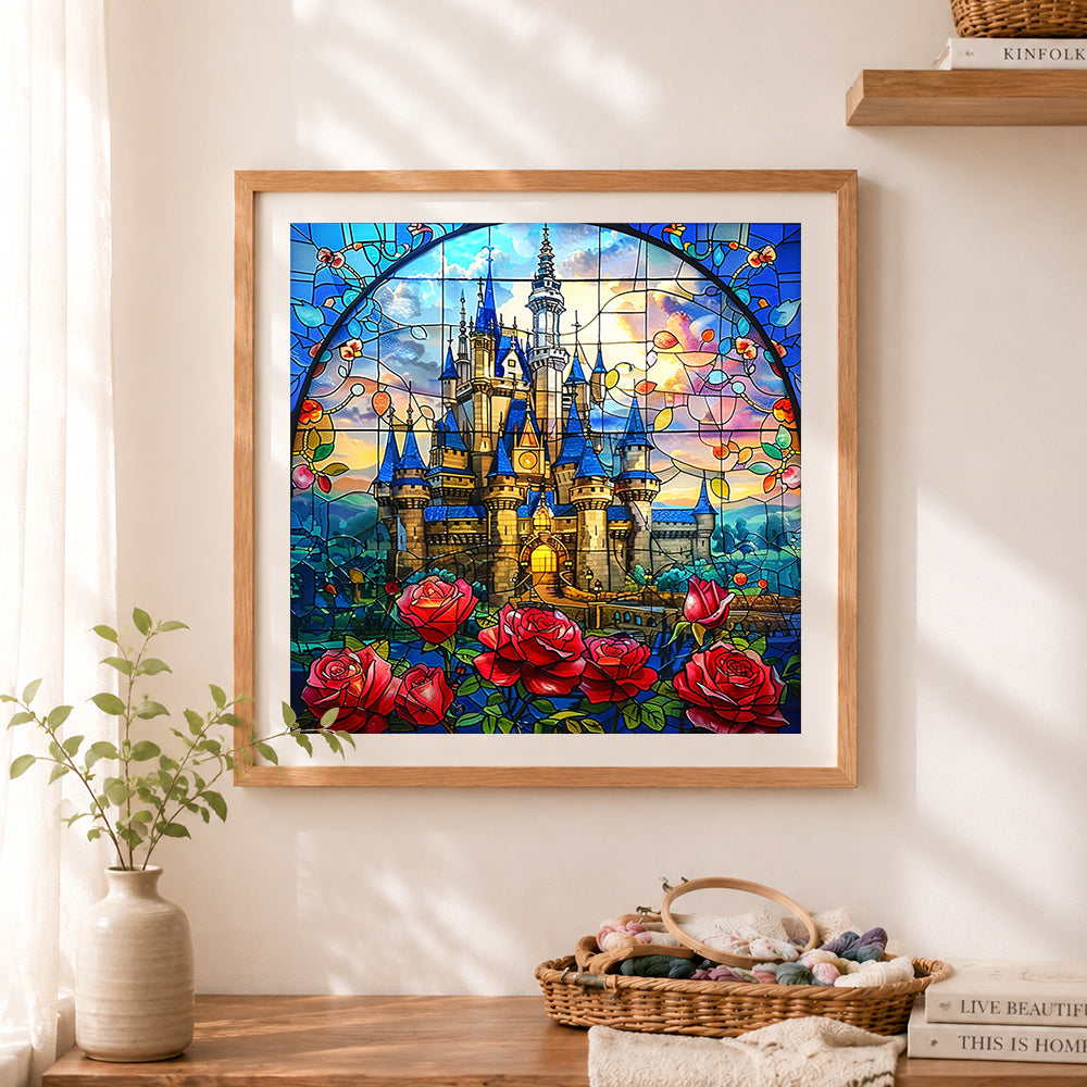 Finished stained glass castle with red roses cross stitch artwork displayed as home decor