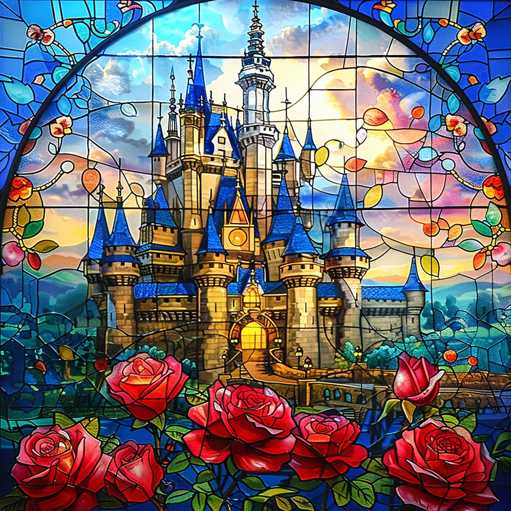 Stained glass castle with red roses cross stitch kit for beginners