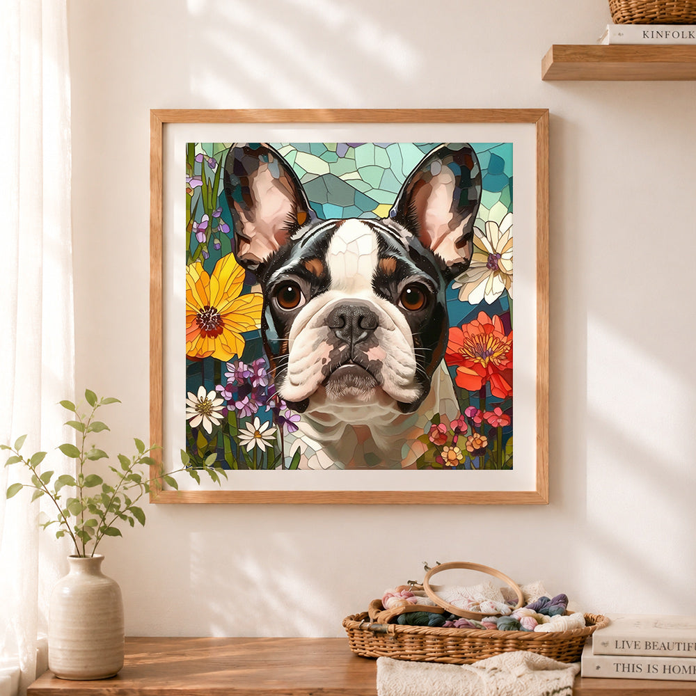 Finished stained glass french bulldog cross stitch artwork displayed as home decor