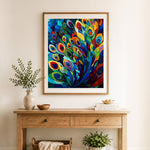Finished stained‑glass peacock feathers cross stitch artwork displayed as home decor