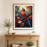 Finished stained‑glass red bird cross stitch artwork displayed as home decor