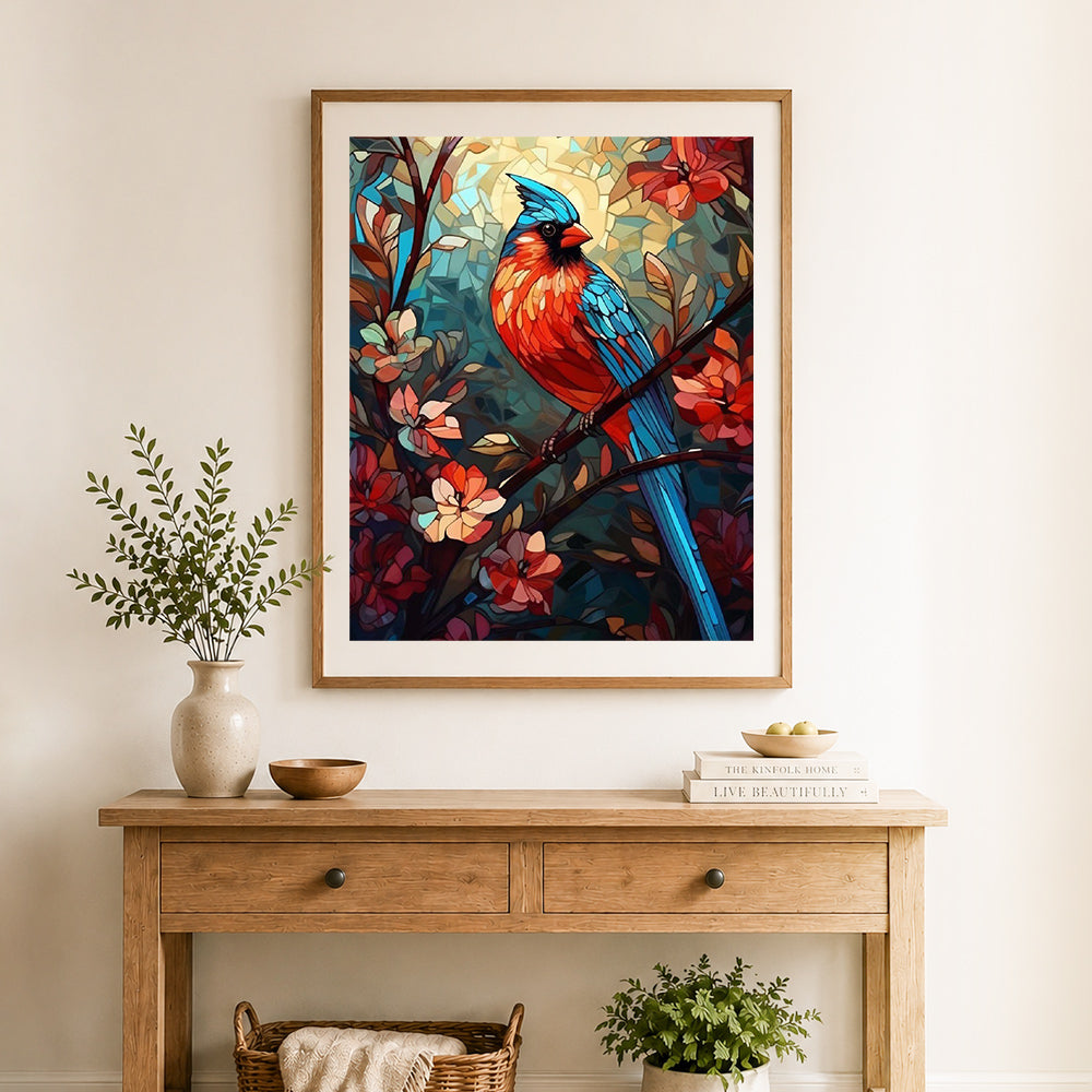 Finished stained‑glass red bird cross stitch artwork displayed as home decor