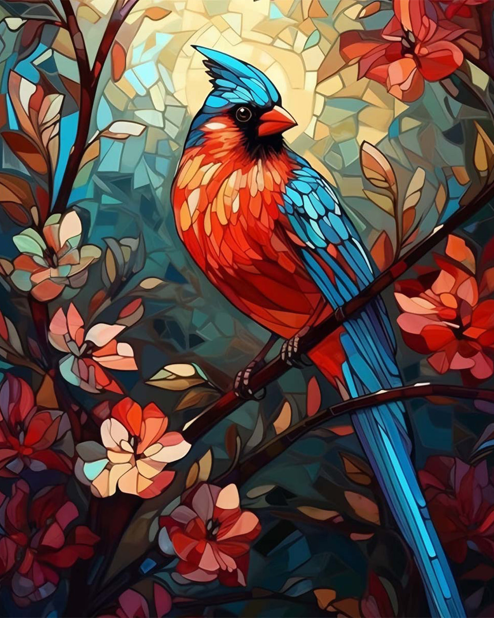 Stained‑glass red bird cross stitch kit for beginners