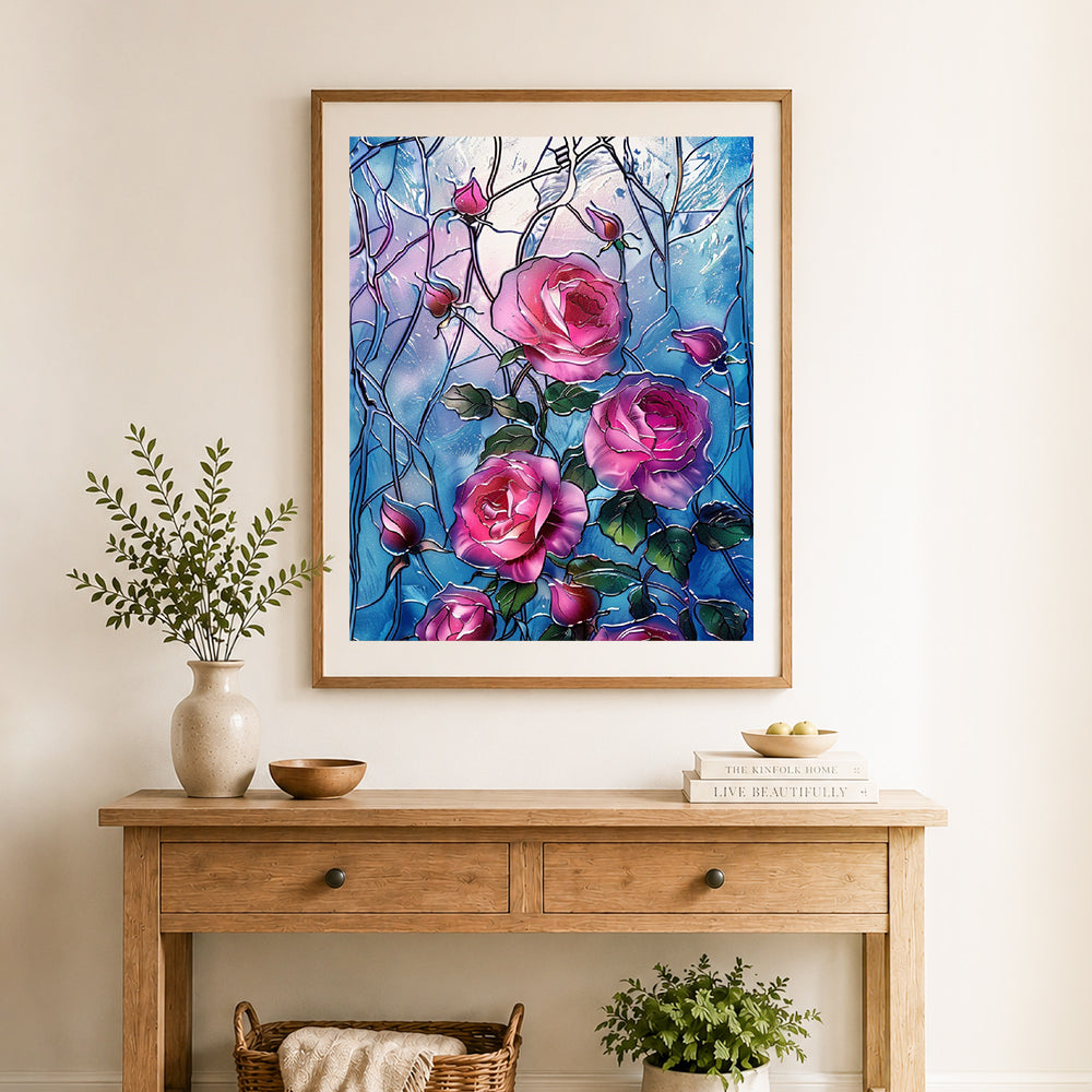 Finished stained‑glass rose art cross stitch artwork displayed as home decor