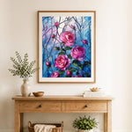 Finished stained‑glass rose art cross stitch artwork displayed as home decor