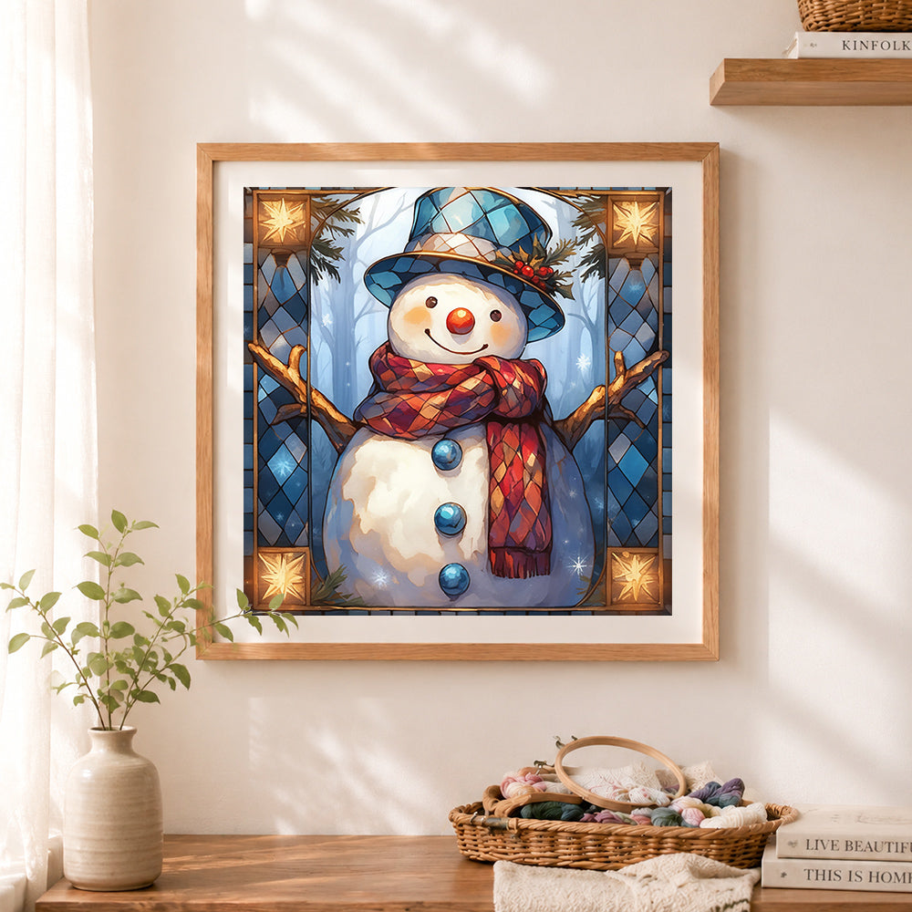 Finished stained glass style snowman cross stitch artwork displayed as home decor