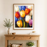 Finished stained‑glass tulips cross stitch artwork displayed as home decor